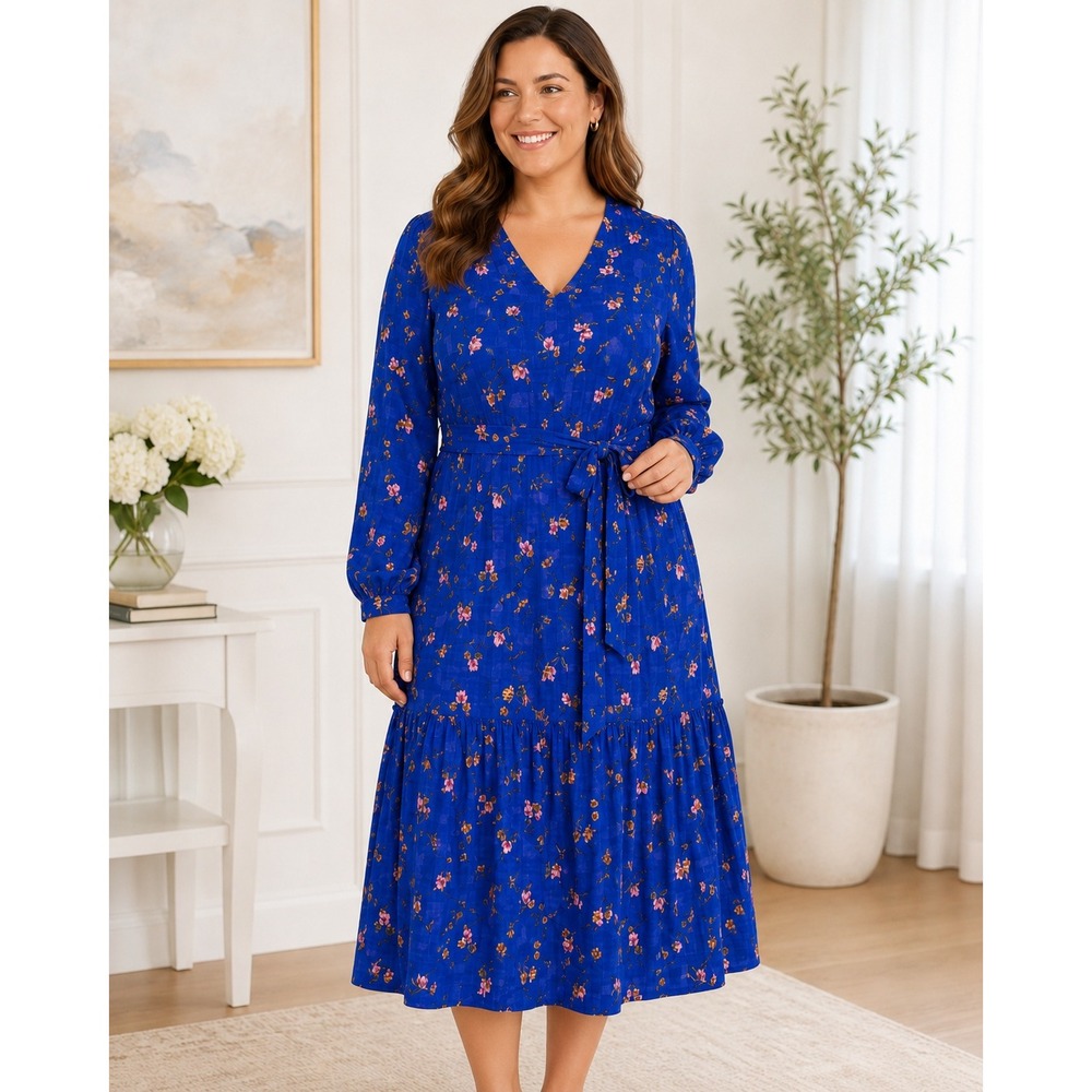 Draper James RSVP XL Blue Floral Tie Waist Tiered Midi Dress NWT